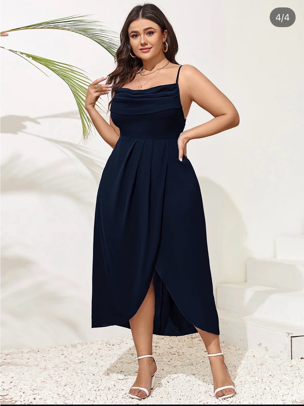 Navy Blue Cowl Neck Spaghetti Strap Dress